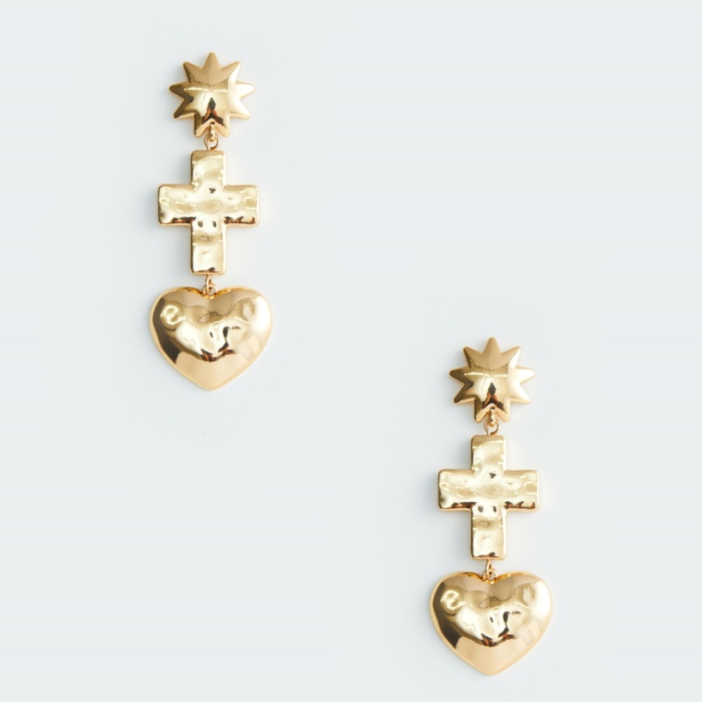 8 Other Reasons Montegue Cross Star Heart 24K Gold Plated Dangling Earrings New